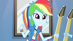 Size: 3410x1920 | Tagged: safe, imported from derpibooru, screencap, rainbow dash, trixie, equestria girls, guitar centered, rainbow rocks, clothes, cute, cutie mark, cutie mark on clothes, dashabetes, female, guitar, high res, musical instrument, offscreen character, smiling