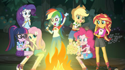 Size: 1280x720 | Tagged: safe, imported from derpibooru, applejack, fluttershy, pinkie pie, rainbow dash, rarity, sci-twi, sunset shimmer, twilight sparkle, equestria girls, legend of everfree, applejack's hat, camp everfree, camp everfree outfits, campfire, clothes, converse, cowboy hat, cute, denim shorts, eating, equestria girls logo, female, fire, flashlight (object), food, forest, freckles, glasses, hat, humane five, humane seven, humane six, marshmallow, netflix, official, open mouth, promotional art, shoes, shorts, skirt, socks, stetson