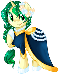 Size: 595x735 | Tagged: safe, artist:khimi-chan, imported from derpibooru, oc, oc only, oc:felicity, pony, unicorn, clothes, dress, ethereal mane, eyelashes, female, floral head wreath, flower, hoof polish, horn, mare, raised hoof, simple background, smiling, solo, starry mane, unicorn oc, white background