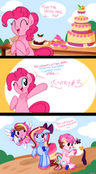 Size: 1748x3170 | Tagged: safe, artist:khimi-chan, imported from derpibooru, pinkie pie, oc, oc:neigh-apolitan, cat, earth pony, pegasus, pony, unicorn, bow, bust, cake, comic, female, food, hair bow, horn, mare, one eye closed, pegasus oc, smiling, two toned wings, unicorn oc, unshorn fetlocks, wings, wink