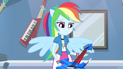Size: 3410x1920 | Tagged: safe, imported from derpibooru, screencap, rainbow dash, equestria girls, guitar centered, rainbow rocks, clothes, cutie mark, cutie mark on clothes, female, guitar, high res, musical instrument, ponied up, smiling, solo, spread wings, wings