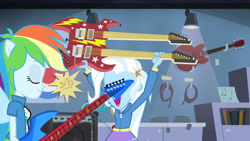 Size: 3410x1920 | Tagged: safe, imported from derpibooru, screencap, rainbow dash, trixie, equestria girls, guitar centered, rainbow rocks, clothes, cutie mark, cutie mark on clothes, eyes closed, female, guitar, high res, musical instrument, open mouth, ponied up, smiling, spread wings, wings