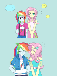Size: 1620x2160 | Tagged: safe, artist:haibaratomoe, imported from derpibooru, fluttershy, rainbow dash, equestria girls, equestria girls series, age progression, bandage, bandaid, blushing, clothes, cute, cutie mark, cutie mark on clothes, dashabetes, dress, eyes closed, eyeshadow, female, flutterdash, fluttershy boho dress, grin, height difference, hoodie, lesbian, makeup, shipping, shirt, shy, shyabetes, size difference, skirt, smiling, suspenders, t-shirt, tanktop, younger
