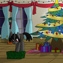 Size: 1992x1992 | Tagged: safe, artist:librarylonging, imported from derpibooru, part of a set, oc, oc only, oc:ada, pony, unicorn, bow, bowtie, christmas, christmas lights, christmas ornament, christmas star, christmas tree, d'lirium, decoration, holiday, present, solo, streamers, tree
