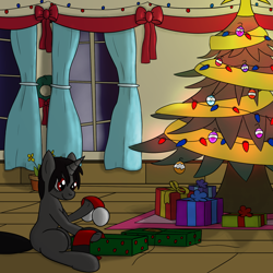 Size: 1992x1992 | Tagged: safe, artist:librarylonging, imported from derpibooru, part of a set, oc, oc only, oc:ada, pony, unicorn, bow, bowtie, christmas, christmas lights, christmas ornament, christmas star, christmas tree, clothes, d'lirium, decoration, ear warmers, holiday, present, scarf, sitting, solo, streamers, tree