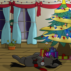 Size: 1992x1992 | Tagged: safe, artist:librarylonging, imported from derpibooru, part of a set, oc, oc only, oc:ada, pony, unicorn, bow, bowtie, christmas, christmas lights, christmas ornament, christmas star, christmas tree, clothes, d'lirium, decoration, ear warmers, excited, eyes closed, holiday, lying down, on back, open mouth, present, scarf, solo, streamers, tree, yelling