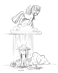 Size: 610x763 | Tagged: safe, artist:mellodillo, imported from derpibooru, blossomforth, blueberry baskets, pegasus, pony, basket, black and white, bush, cloud, duo, female, grayscale, mare, monochrome, on a cloud, rain, simple background, standing on a cloud, unamused, wet, wet mane, white background