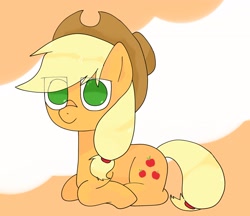 Size: 2048x1771 | Tagged: safe, artist:omelettepony, imported from derpibooru, applejack, earth pony, pony, eye clipping through hair, female, hat, looking at you, lying down, mare, ponyloaf, prone, simple background, smiling, smiling at you, solo