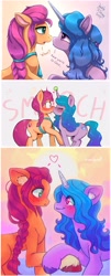 Size: 2528x6232 | Tagged: safe, artist:another_pony, artist:joakaha, artist:p0nyplanet, edit, editor:secretbronyx, imported from derpibooru, izzy moonbow, sunny starscout, earth pony, pony, unicorn, 2021, bag, ball, blushing, composite, dialogue, duo, eye contact, eyes closed, falling in love, female, g5, gray background, heart, holding hooves, horn, horn impalement, hornball, izzy's tennis ball, izzyscout, kiss on the lips, kissing, lesbian, looking at each other, mare, my little pony: a new generation, open mouth, satchel, shipping, simple background, smiling, smooch, smooching, sun, tennis ball, text