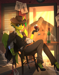 Size: 2500x3165 | Tagged: safe, artist:redchetgreen, imported from derpibooru, oc, oc only, anthro, pegasus, plantigrade anthro, bullet hole, clothes, female, glass, high heels, high res, looking at you, sheriff, shoes, sitting, smiling, smiling at you, solo, wanted poster, wine glass