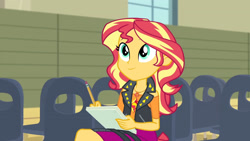 Size: 3410x1920 | Tagged: safe, imported from derpibooru, screencap, sunset shimmer, equestria girls, equestria girls series, rarity investigates: the case of the bedazzled boot, clothes, cute, cutie mark, cutie mark on clothes, female, geode of empathy, jacket, jewelry, leather, leather jacket, magical geodes, necklace, pencil, shimmerbetes, smiling, solo