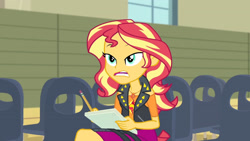 Size: 3410x1920 | Tagged: safe, imported from derpibooru, screencap, sunset shimmer, equestria girls, equestria girls series, rarity investigates: the case of the bedazzled boot, clothes, cutie mark, cutie mark on clothes, female, geode of empathy, jacket, jewelry, leather, leather jacket, magical geodes, necklace, open mouth, pencil, solo