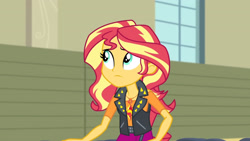 Size: 3410x1920 | Tagged: safe, imported from derpibooru, screencap, sunset shimmer, equestria girls, equestria girls series, rarity investigates: the case of the bedazzled boot, clothes, cutie mark, cutie mark on clothes, female, geode of empathy, jacket, jewelry, leather, leather jacket, magical geodes, necklace, solo