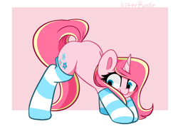 Size: 5552x4012 | Tagged: safe, artist:kittyrosie, imported from derpibooru, oc, oc only, oc:rosa flame, pony, unicorn, blushing, clothes, cute, face down ass up, horn, jack-o challenge, jacko challenge, meme, ocbetes, socks, solo, striped socks, unicorn oc