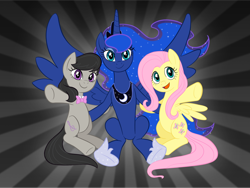 Size: 1024x768 | Tagged: safe, artist:purpletinker, imported from derpibooru, fluttershy, octavia melody, princess luna, alicorn, earth pony, pegasus, pony, 2017, female, open mouth, open smile, smiling, trio