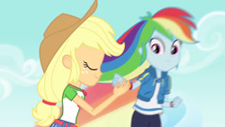 Size: 3410x1920 | Tagged: safe, imported from derpibooru, screencap, applejack, rainbow dash, equestria girls, equestria girls series, the finals countdown, applejack's hat, belt, clothes, cowboy hat, denim skirt, duo, duo female, eyes closed, female, geode of super speed, geode of super strength, great moments in animation, hat, high res, jewelry, magical geodes, necklace, rainbow trail, skirt, smiling