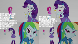 Size: 1280x720 | Tagged: safe, edit, edited screencap, editor:quoterific, imported from derpibooru, screencap, pinkie pie, rainbow dash, rarity, equestria girls, mirror magic, spoiler:eqg specials, angry, annoyed, boots, bracelet, clothes, cutie mark, cutie mark on clothes, eyes closed, female, food, geode of shielding, geode of sugar bombs, geode of super speed, hairpin, jewelry, magical geodes, marshmelodrama, mirror world, necklace, open mouth, popcorn, rainbow dash is not amused, rarity being rarity, shoes, unamused