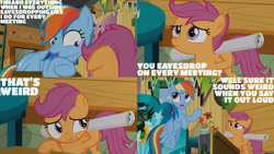 Size: 1280x720 | Tagged: safe, edit, edited screencap, editor:quoterific, imported from derpibooru, screencap, rainbow dash, scootaloo, pegasus, pony, season 8, the washouts (episode), spoiler:s08, clubhouse, crusaders clubhouse, female, filly, flying, mare, open mouth, pointing, poster, the washouts