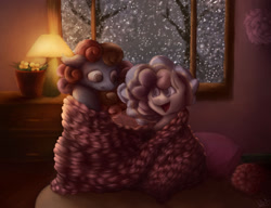 Size: 1280x984 | Tagged: safe, artist:liksmowio, imported from derpibooru, oc, oc only, oc:cotton cozy, oc:knitsy, earth pony, pony, blanket, female, lamp, mare, snow, snowfall, tree, window