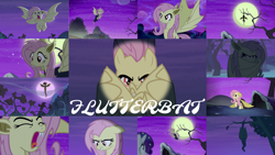 Size: 1280x721 | Tagged: safe, edit, edited screencap, editor:quoterific, imported from derpibooru, screencap, fluttershy, rarity, bat pony, pegasus, pony, unicorn, bats!, do princesses dream of magic sheep, scare master, season 4, season 5, bat ponified, clothes, costume, eyes closed, female, flutterbat, flutterbat costume, full moon, mare, moon, night, open mouth, prehensile tail, race swap, solo focus, spread wings, upside down, wings