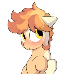 Size: 1058x1140 | Tagged: safe, artist:mochi_nation, imported from derpibooru, oc, oc only, oc:flame egg, earth pony, pony, blushing, coat markings, cute, female, floppy ears, mare, ocbetes, simple background, solo, white background