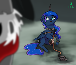 Size: 961x832 | Tagged: safe, artist:joan-grace, imported from derpibooru, king sombra, princess luna, alicorn, pony, bondage, collar, duo, ethereal mane, female, femsub, horn, leash, mare, scared, signature, slave, starry mane, story included, submissive, wings