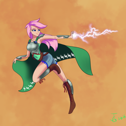 Size: 2000x2000 | Tagged: safe, artist:joan-grace, imported from derpibooru, human, abstract background, boots, cape, clothes, female, glowing hands, high res, humanized, lightning, looking back, shoes, signature, smiling, solo