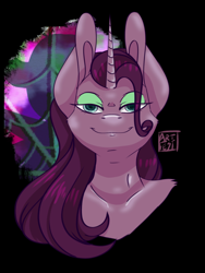 Size: 1536x2048 | Tagged: safe, artist:artfestation, imported from derpibooru, oc, oc only, anthro, unicorn, abstract background, bedroom eyes, horn, signature, smiling, solo, unicorn oc