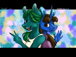 Size: 2048x1536 | Tagged: safe, artist:artfestation, imported from derpibooru, oc, oc only, anthro, earth pony, unicorn, abstract background, clothes, duo, earth pony oc, furry, horn, one eye closed, peace sign, smiling, unicorn oc, waving, wink