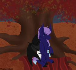 Size: 1950x1800 | Tagged: safe, artist:misskanabelle, imported from derpibooru, oc, oc only, bat pony, pony, bat pony oc, bat wings, eyes closed, outdoors, sitting, solo, tree, wings