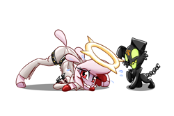 Size: 1800x1200 | Tagged: safe, artist:redahfuhrerking, imported from derpibooru, dog, lamb, sheep, them's fightin' herds, chains, cloven hooves, community related, duo, face down ass up, female, guilty gear, jack-o challenge, jack-o' valentine, jacko challenge, lip bite, meme, nervous, pom (tfh), simple background, solo, white background