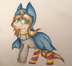 Size: 960x889 | Tagged: safe, artist:millefaller, imported from derpibooru, oc, oc only, pony, unicorn, clothes, costume, horn, smiling, socks, striped socks, traditional art, unicorn oc