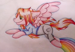 Size: 960x666 | Tagged: safe, artist:millefaller, imported from derpibooru, oc, oc only, pegasus, pony, clothes, flying, pegasus oc, rainbow, rainbow trail, smiling, solo, traditional art, wings