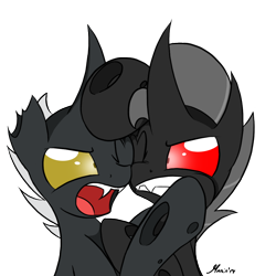 Size: 1000x1000 | Tagged: safe, artist:srmario, imported from derpibooru, oc, oc only, oc:platan, oc:reinflak, changeling, bust, changeling oc, duo, fangs, male, open mouth, red changeling, red eyes, signature, simple background, transparent background