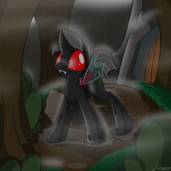 Size: 1174x1174 | Tagged: safe, artist:srmario, imported from derpibooru, oc, oc only, oc:reinflak, changeling, changeling oc, cute, forest, outdoors, rain, red changeling, red eyes, signature, solo, wide eyes