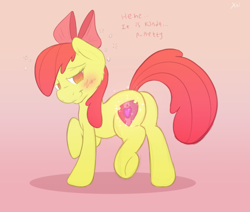 Size: 500x423 | Tagged: safe, artist:23we, imported from derpibooru, apple bloom, earth pony, pony, blushing, butt, cheek fluff, cutie mark, female, filly, gradient background, looking at you, looking back, looking back at you, plot, raised hoof, raised leg, raised tail, smiling, smiling at you, solo, tail, text