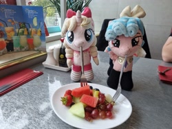 Size: 4032x3024 | Tagged: safe, artist:xeto_de, imported from derpibooru, cozy glow, oc, oc:lily allure, carambola, food, fork, grapes, herbivore, irl, photo, plushie, strawberry, watermelon