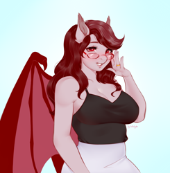 Size: 1366x1394 | Tagged: safe, artist:bylullabysoft, imported from derpibooru, oc, oc only, oc:scarlet quill, anthro, bat pony, anthro oc, bat pony oc, bat wings, big breasts, breasts, cleavage, clothes, digital art, fangs, female, glasses, gradient background, jewelry, lips, long nails, mare, milf, mother, red eyes, red hair, ring, signature, slit eyes, slit pupils, smiling, solo, wedding ring, wings