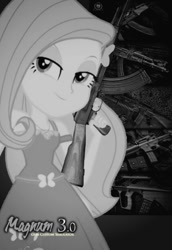 Size: 600x872 | Tagged: safe, artist:edy_january, imported from derpibooru, screencap, fluttershy, equestria girls, ak-47, akm, assault rifle, aug a1, black background, geode of fauna, gun, m16, m16a2, m4, m4a1, magical geodes, magnum 3.0, magnum 3.0 guns costume simolator, monochrome, poster, rifle, simple background, solo, steyr aug, trigger discipline, weapon