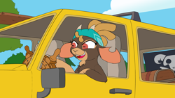 Size: 3840x2160 | Tagged: safe, artist:ljdamz1119, imported from derpibooru, shanty (tfh), goat, them's fightin' herds, chest, community related, douchebag, driving, family guy, flag, gold tooth, high res, hummer, jerk, meme, pirate, rectangular pupil, ship wheel, solo, vehicle