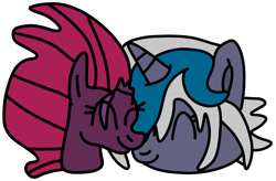 Size: 3800x2500 | Tagged: safe, artist:jadeharmony, artist:jadethepegasus, imported from derpibooru, tempest shadow, oc, oc:elizabat stormfeather, alicorn, bat pony, bat pony alicorn, pony, unicorn, alicorn oc, bat pony oc, bat wings, boop, broken horn, canon x oc, eye scar, eyes closed, female, high res, horn, lesbian, mare, noseboop, scar, shipping, simple background, stormshadow, transparent background, wings