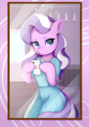 Size: 6300x8910 | Tagged: safe, artist:ottava, imported from derpibooru, diamond tiara, earth pony, pony, cellphone, clothes, dress, female, frame, hoof hold, human shoulders, iphone, jewelry, mirror selfie, necklace, phone, selfie, solo