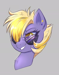 Size: 1627x2048 | Tagged: safe, artist:confetticakez, imported from derpibooru, oc, oc only, oc:lila lilark, pegasus, pony, bust, grin, head, smiling, solo, sunglasses