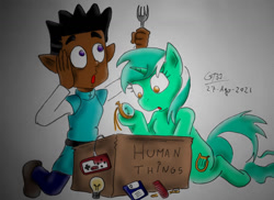 Size: 1024x745 | Tagged: safe, artist:gafelpoez, imported from derpibooru, lyra heartstrings, pony, unicorn, clock, crossover, diskette, fork, gus porter, humanoid, humie, nintendo entertainment system, obsession, that pony sure does love humans, the owl house, witch