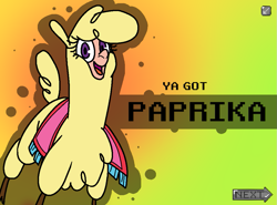 Size: 1017x753 | Tagged: safe, artist:hitsuji, imported from derpibooru, alpaca, banned from equestria daily, them's fightin' herds, banned from foenum, carpet, cloven hooves, community related, implied sex, looking at you, paprika (tfh), smiling, solo, splash art, style emulation, ya got