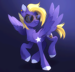 Size: 1425x1362 | Tagged: safe, artist:draw3, imported from derpibooru, oc, oc only, oc:lila lilark, pegasus, pony, birthmark, blonde mane, cutie mark, looking sideways, purple coat, solo, star birthmark, sunglasses