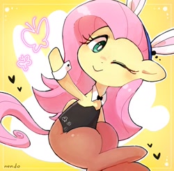 Size: 1839x1800 | Tagged: safe, artist:fuyugi, artist:nendo, imported from derpibooru, fluttershy, pegasus, pony, bunny ears, bunny suit, clothes, cuffs (clothes), cute, female, looking at you, mare, one eye closed, shyabetes, smiling, solo, waving, white pupils, wink, winking at you