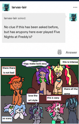 Size: 1168x1825 | Tagged: safe, artist:ask-luciavampire, imported from derpibooru, oc, changeling, earth pony, pegasus, pony, unicorn, ask, ask ponys gamer club, ask-ponys-gamer-club, game, tumblr