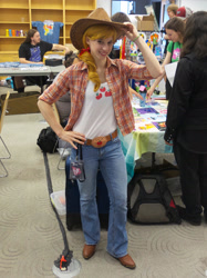 Size: 1803x2405 | Tagged: safe, artist:artemismooncosplay, artist:purpletinker, imported from derpibooru, applejack, human, 2012, clothes, cosplay, costume, cowboy hat, hand on hip, hat, irl, irl human, jeans, pants, photo, trotcon, trotcon 2012