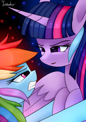 Size: 2480x3507 | Tagged: safe, artist:twidasher, imported from derpibooru, rainbow dash, twilight sparkle, alicorn, pegasus, pony, duo, feather, female, high res, lesbian, looking at each other, shipping, signature, twidash, twilight sparkle (alicorn)